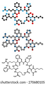 Melanotan II synthetic tanning drug molecule. Not approved as drug. Stylized 2D renderings and conventional skeletal formula.