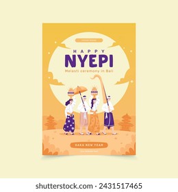 Melasti ceremony celebrates of Bali nyepi day illustration on poster design