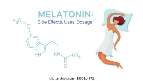 Plantilla vectorial de banner de melatonina. Efectos adversos medicinales, usos, dosis, fórmula química. Caricatura femenina durmiente. Instrucciones de usuario con ilustraciones planas. Tratamiento con insomnio
