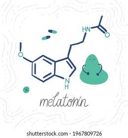 Melatonin chemical formula, sleep hormone. Hand-drawn doodle illustration with a cute abstract character. Symbol for biology, chemistry, naturopathy, medicine. Isolated on white.