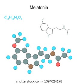 Melatonin. Chemical structural formula and model of hormone molecule. C13H16N2O2. Vector diagram for educational, medical, biological, and scientific use