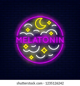 Melatonin colorful neon at brick wall. Month, stars and clouds. Element for presentations, flyers, leaflets, posters or postcards. Vector, isolated, eps 10.