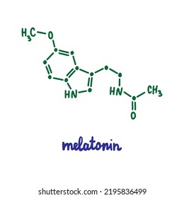 Fórmula vectorial dibujada a mano de Melatonin estructura química con inscripción hormona reguladora del sueño verde azul