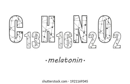 Melatonin hormone chemical formula. In humans, it plays a role in circadian rhythm synchronization. Connected lines with dots