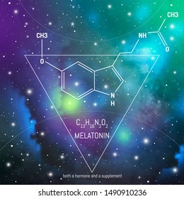 Melatonin hormone molecule and formula in front of cosmis background. Body chemistry infographic. Circadian rhythm drug.
