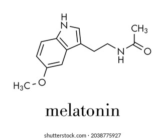 Melatonin hormone molecule. In humans, it plays a role in circadian rhythm synchronization. Skeletal formula.