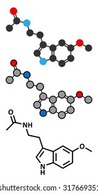 Melatonin hormone molecule. In humans, it plays a role in circadian rhythm synchronization. Stylized 2D renderings and conventional skeletal formula. 