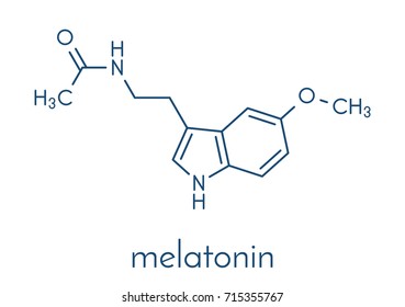 Melatonin hormone molecule. In humans, it plays a role in circadian rhythm synchronization. Skeletal formula.