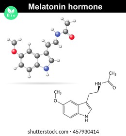 Melatonin hormone molecule, regulator of daily rhythms, 2d and 3d illustration, vector isolated on white background, eps 8