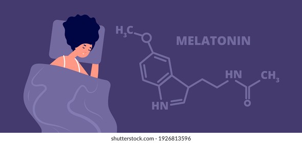 Melatonin Hormone. Structure Hormones Sleep, Flat Person Sleeping In Dark. Science Education Banner, Insomnia And Health Dream Utter Vector Concept