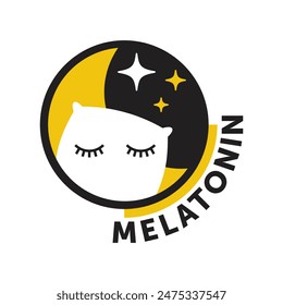 Melatonin icon or logo template. Compound uses for sleep disorders, such as insomnia and jet lag. Moon with stars and pillow with closed eyes