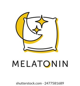 Melatonin icon or logo template. Compound uses for sleep disorders, such as insomnia and jet lag. Moon with stars and pillow, in thin line