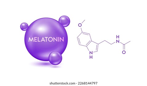 Melatonin model purple and structural chemical formula. Symbol 3D icon isolated on white background. Hormone melatonin promote deep sleep. Medical scientific concepts. Vector EPS10 illustration.