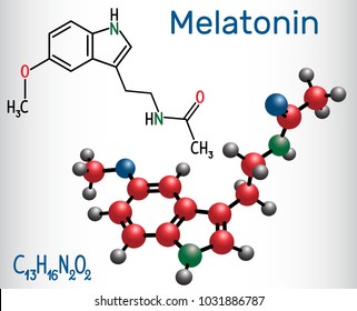 Melatonin Molecule, Hormone That Regulates Sleep And Wakefulness. Structural Chemical Formula And Molecule Model. Vector Illustration