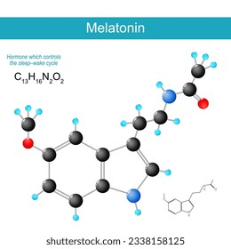 Melatonin molecule. molecular chemical structural formula and model of hormone that released in the brain at night which controls the sleep-wake cycle. Dietary supplement, medication