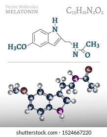 Melatonin molecule structure in 3D style. Medical vector illustration in metallic blue and silver colors. C13H16N2O2 image isolated on a light grey background. Scientific, educational concept.