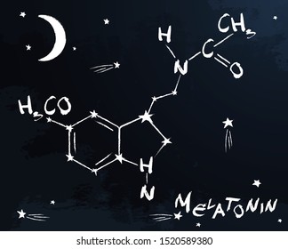 Melatonin molecule structure in chalk hand drawn style. Medical vector illustration. C13H16N2O2 image on a night sky background. Scientific, educational concept. Graphic design