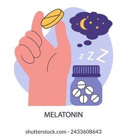 Melatonin pill. Human hand holding synthetic melatonin medicine, nature's sleep aid leading to tranquil night and restful dreams. The remedy to insomnia. Flat vector illustration.