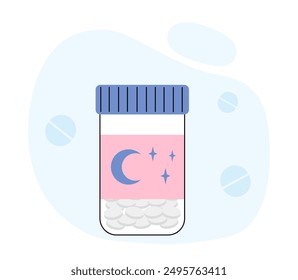 Melatonin pills concept. Blue and pink pillows. Sleep, dream, rest and recuperation. Medicines for sleep, pharmacy. Health care and medicine. Linear vector illustration isolated on white background