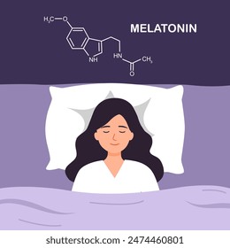 Melatonin promote deep sleep vector. Medicine chemical formula. Sleeping woman in bed character. Melatonin effect concept