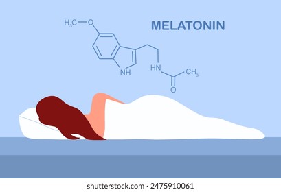 Melatonin promote deep sleep vector. Medicine chemical formula. Sleeping woman in bed character. Melatonin effect concept.