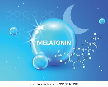 Melatonin sign, symbol, icon with chemical formula. Moon and stars. Naturals Children's Sleep with Melatonin Hormone Tabs. Melatonin promote deep sleep banner. Melatonin structural chemical formula