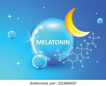 Melatonin-Zeichen, Symbol, Symbol mit chemischer Formel. Mond und Sterne. Natürlich schlafen Kinder mit Melatonin Hormone Tabs. Melatonin fördert Tiefschlafbanner. Melatonin-Strukturchemikalie