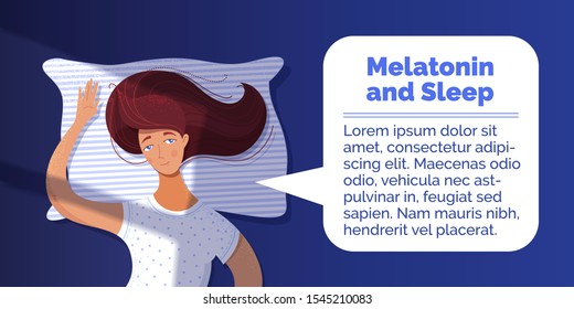 Melatonin and sleep banner vector template. Sleepless young woman lying in bed cartoon character. Girl and speech bubble flat illustration. Wakefulness, stress, thoughtfulness concept