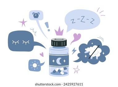 Melatonina, pastillas para dormir beneficios, frasco de tabletas y burbuja de habla. Sueño saludable, tratamiento del insomnio, restablecimiento de los ritmos circadianos, descanso y recuperación. Ilustración aislada del vector de la historieta