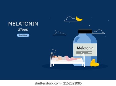 Melatonin For Soothing Sleep Support  Concept. Sleeping Woman On Bed. At Night Background. Flat Style Vector Illustration.