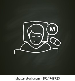 Melatonin supplements chalk icon. Insomnia hormonal treatment. Sleep disorder. Healthy sleeping concept. Sleep problems treatment medicines. Health care. Isolated vector illustration on chalkboard