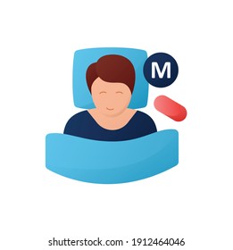 Melatonin supplements flat icon. Insomnia hormonal treatment. Sleep disorder. Healthy sleeping concept. Sleep problems treatment medicines. Health care. Color isolated vector illustration 