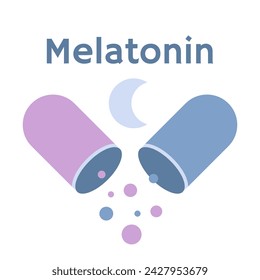 Melatonin symbol, open blue capsule and Crescent moon. Healthy sleep, rest and treatment of insomnia. Isolated cartoon vector illustration, flat design