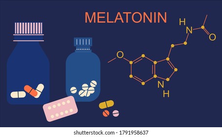 Melatonin tablets with hormone chemical formula. Insomnia concept. Night time and sleep disorder. Addiction of pills,hypochondria.Stress, nervous strain.Sleepless problem.Medicine diffuser.Flat vector