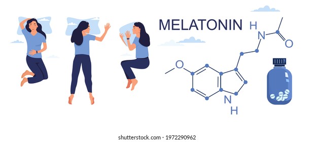 Melatonin tablets with hormone chemical formula.Insomnia concept.Night time and sleep disorder Addiction of pills,hypochondria.Stress, nervous strain.Woman lying in bed with tracker on her hand.