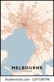 Melbourne (Australia) city map. Poster with map of Melbourne in color. Scheme of streets and roads of Melbourne.