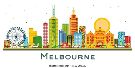 Melbourne Australia City Skyline with Color Buildings Isolated on White. Vector Illustration. Business Travel and Tourism Concept with Modern Architecture. Melbourne Cityscape with Landmarks.