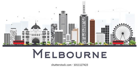 Melbourne Australia City Skyline with Gray Buildings Isolated on White Background. Vector Illustration. Business Travel and Tourism Concept with Modern Buildings. Melbourne Cityscape with Landmarks.