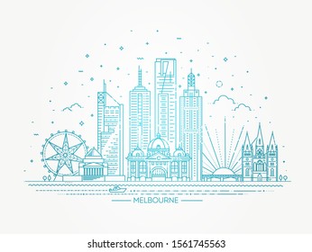 Melbourne Australia City Skyline. Line skyline illustration