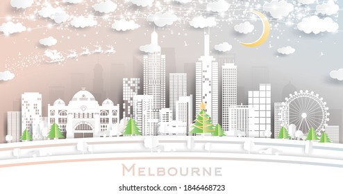 Melbourne Australia City Skyline in Paper Cut Style with Snowflakes, Moon and Neon Garland. Vector Illustration. Christmas and New Year Concept. Santa Claus on Sleigh.