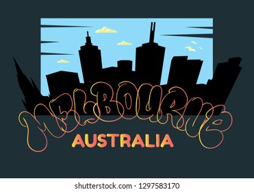 Melbourne Australia Cityscape City Skyline Silhouette Urban Card Flyer Poster Hand Drawn  Lettering Type Design Throw Up Bubble Graffiti Vector Graphic