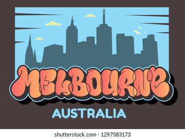Melbourne Australia Cityscape City Skyline Silhouette Urban Card Flyer Poster Hand Drawn  Lettering Type Design Throw Up Bubble Graffiti Vector Graphic