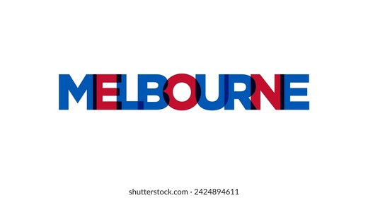 Melbourne in the Australia emblem for print and web. Design features geometric style, vector illustration with bold typography in modern font. Graphic slogan lettering isolated on white background.