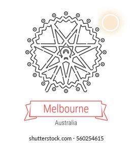 Melbourne (Australia) flat style thin line icon with an inscription on a ribbon banner with the sun in the background. Melbourne logo, landmark, vector symbol. Melbourne Ferris Wheel pictogram.