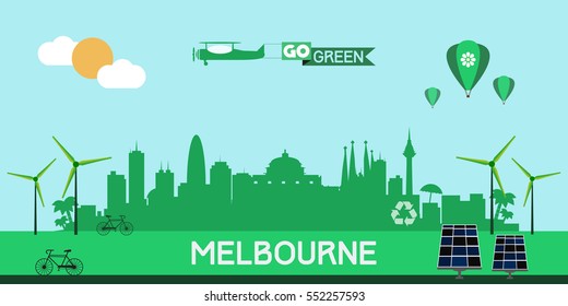 Melbourne Australia Skyline Silhouette Flat Design Vector, Green City Concept