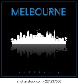 Melbourne, Australia, skyline silhouette vector design on parliament blue and black background.