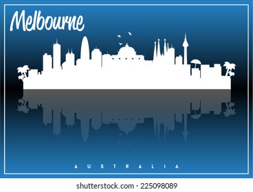 Melbourne, Australia, skyline silhouette vector design on parliament blue and black background.