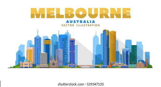 Melbourne Australia skyline vector illustration. White background with city panorama. Travel picture. Image for Presentation Banner Placard and Web Site.