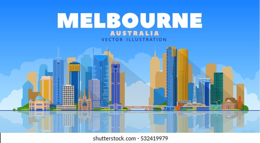 Melbourne Australia skyline vector illustration. Blue background with city panorama. Travel picture. Image for Presentation Banner Placard and Web Site.