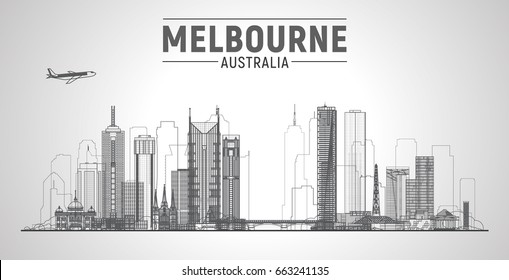 Melbourne Australia skyline vector illustration. White background with city panorama. Travel picture. Image for Presentation Banner Placard and Web Site.